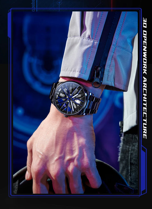 OLEVS Fashion 360° Rotary Dial Quartz Watch for Men Sport Car Rim Wheel Hub Waterproof Luminous Stainless Steel Men's Wristwatch