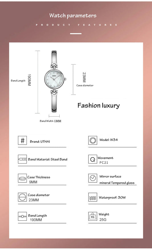 UTHAI W34 Women's Bracelet Watch Light Luxury Simple Exquisite Round Dial Waterproof Clock Lady Fashion Korean Quartz Watches