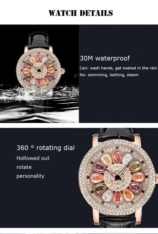 UTHAI Women's Fashion Quartz Watch 360 ° Time Comes and Turns Diamond Inlaid Dial Waterproof Female Creative Clock Wristwatches