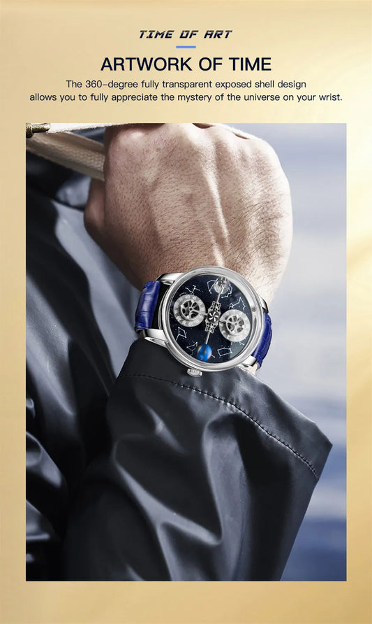PINDU Watches New Mechanical Celestial Body Starry Twelve Constellations Sapphire Waterproof Men  Leather Wristwatches 8215A Box