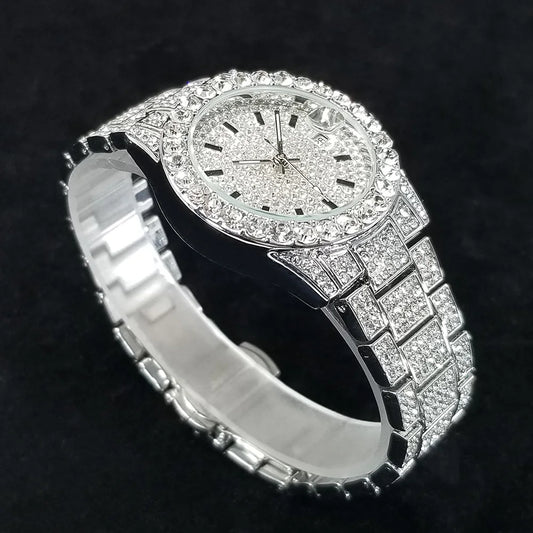 Elegant Full Diamond Female Watches Fashion Silver Round Stainless Steel Quartz Watch Iced Out Shiny Waterproof Gift for Women