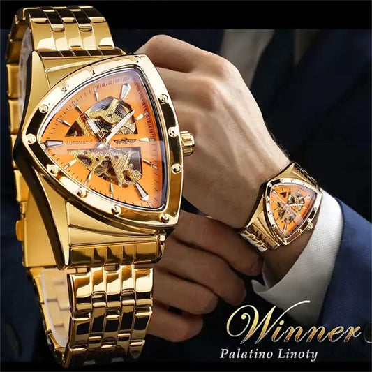 Winner 395S New Male Wrist Mechanical Watches Golden Stainless Steel Waterproof Sport Mens Triangle Skeleton Watch Transparent