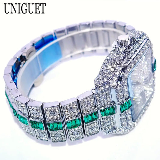 Hot Fashion Full Diamond Watch Men UNIGUET Brand Hip Hop Iced Out Bling Jewelry Square Quartz Wristwatch For Man Dropshipping