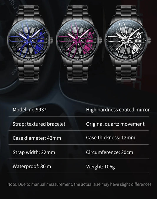 OLEVS Fashion 360° Rotary Dial Quartz Watch for Men Sport Car Rim Wheel Hub Waterproof Luminous Stainless Steel Men's Wristwatch