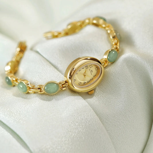 2025 Women quartz Watch Luxury Brand Retro Natural Dongling Stone Hotan Jade Waterproof Ladies Advanced Chain Wristwatches gift