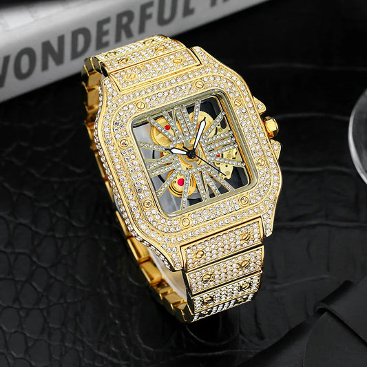 THAI W86 New 2024 Fashion Square Men's Watches Luxury Hollow Hip Hop Full Diamond Metal Waterproof Male Quartz Clock Watch Gift