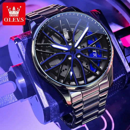OLEVS Fashion 360° Rotary Dial Quartz Watch for Men Sport Car Rim Wheel Hub Waterproof Luminous Stainless Steel Men's Wristwatch