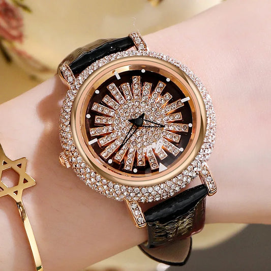 UTHAI Watch For Women Light Luxury Diamond Set 360 ° Running Clock Waterproof Genuine Leather Female's Fashion Quartz Watches