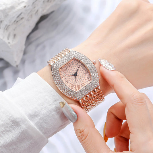 UTHAI H64 Women's Full Diamond Watch Temperament Gold Steel Band Barrel shaped Full Sky Star Vintage Fashion Quartz Wristwatches
