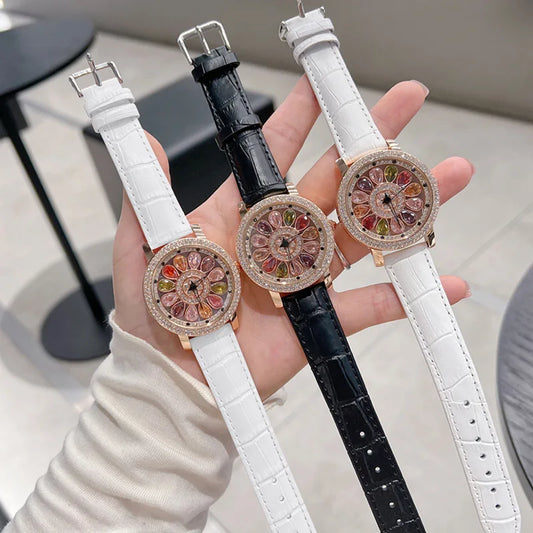 UTHAI Women's Fashion Quartz Watch 360 ° Time Comes and Turns Diamond Inlaid Dial Waterproof Female Creative Clock Wristwatches