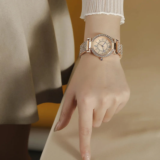 UTHAI H11 Women's Fashion Quartz Watch Full Diamond Steel Band Water Diamond Full Sky Star Roman Pattern Bracelet Watches Girl