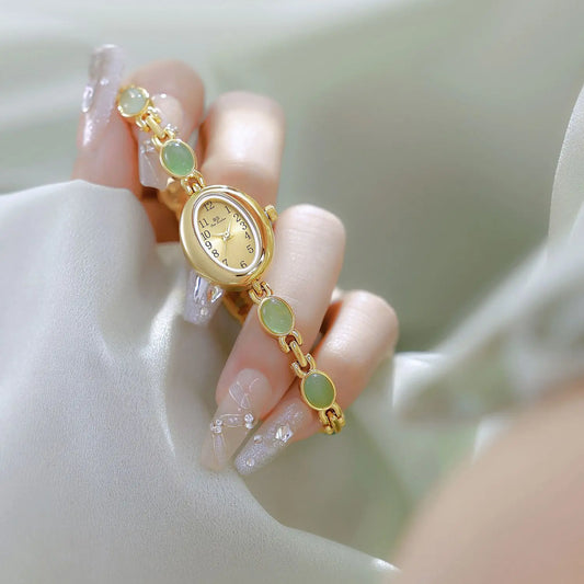2025 Women quartz Watch Luxury Brand Retro Natural Dongling Stone Hotan Jade Waterproof Ladies Advanced Chain Wristwatches gift