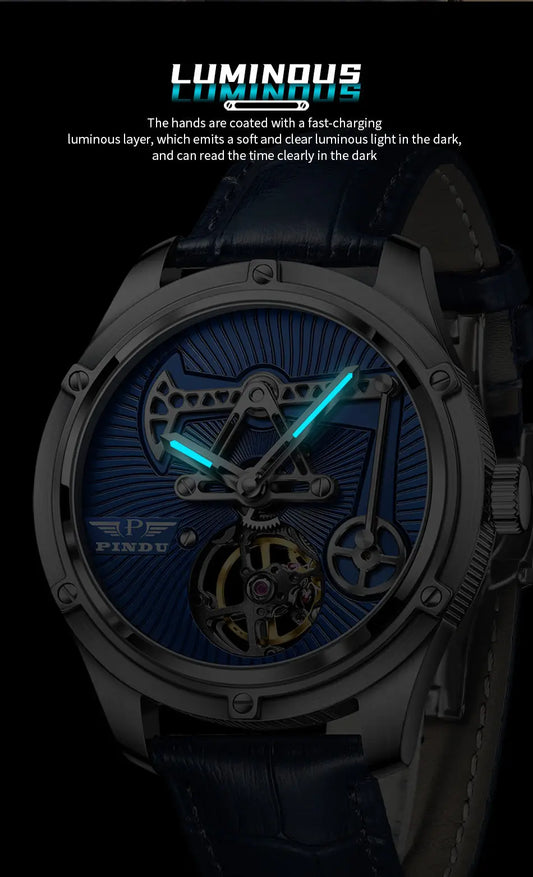 PINDU New Mechanical Watch For Men Leather Sapphire Crystal Business Men's  Watch Miyota 8215 Automatic Watches 50M Waterproof