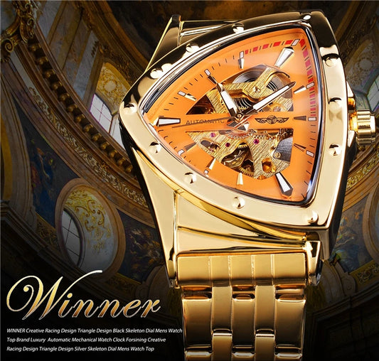 Winner 395S New Male Wrist Mechanical Watches Golden Stainless Steel Waterproof Sport Mens Triangle Skeleton Watch Transparent