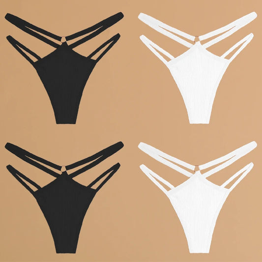 FINETOO 4Pcs Cotton Double Thin Belts Underwear for Women Sexy Low Waist Striped Thongs Ladies Soild Panties Breathable Lingerie