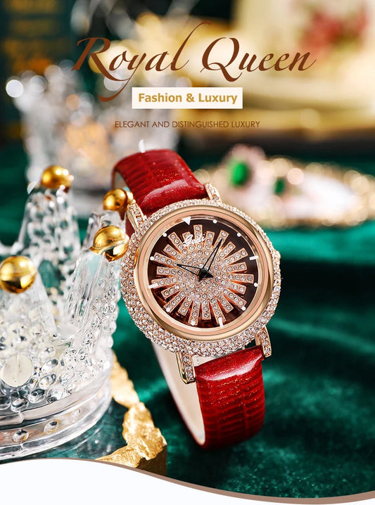 UTHAI Watch For Women Light Luxury Diamond Set 360 ° Running Clock Waterproof Genuine Leather Female's Fashion Quartz Watches