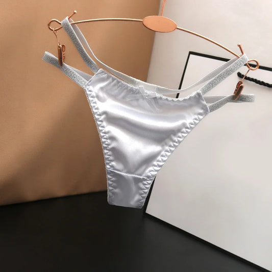1pc Women Sexy Silky Panties Thin Thong Ice Silk Underwear Shiny Belt Double Strap Lace Low-rise Lingerie