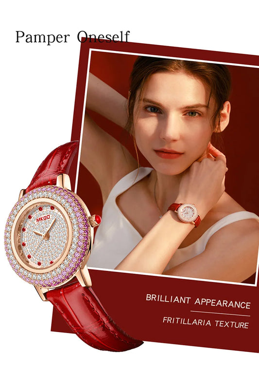 UTHAI W43 New Women's Brand Quartz Watch Luxury Full Diamond Jewelry Crystal Gem Scale Waterproof Leather Band Ladies Watches