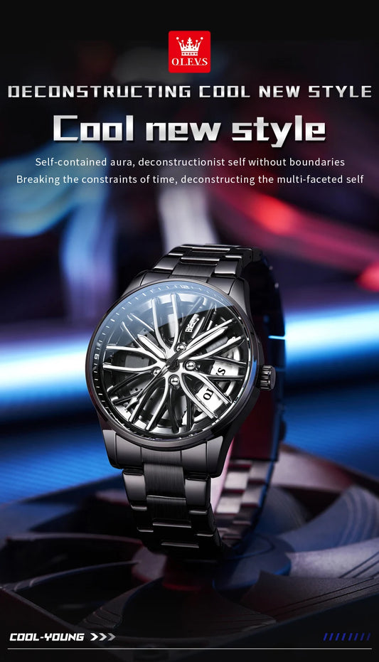 OLEVS Fashion 360° Rotary Dial Quartz Watch for Men Sport Car Rim Wheel Hub Waterproof Luminous Stainless Steel Men's Wristwatch