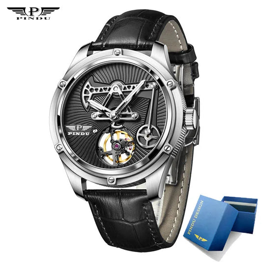 PINDU New Mechanical Watch For Men Leather Sapphire Crystal Business Men's  Watch Miyota 8215 Automatic Watches 50M Waterproof