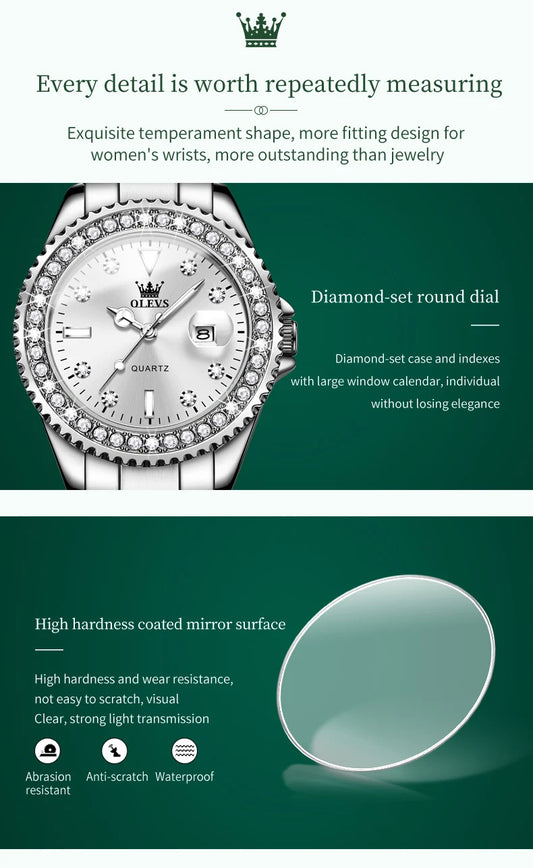 OLEVS Original Diamond Dial Quartz Watch for Women Fashion Elegant Ladies Watches Stainless Steel Waterproof Women's Wristwatch