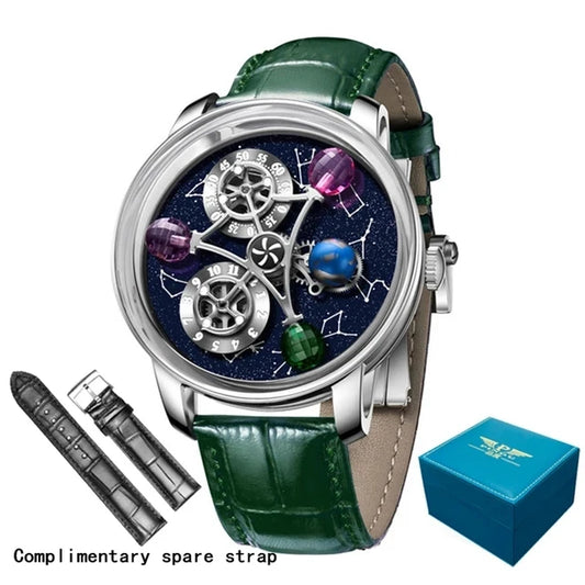 PINDU Watches New Mechanical Celestial Body Starry Twelve Constellations Sapphire Waterproof Men  Leather Wristwatches 8215A Box