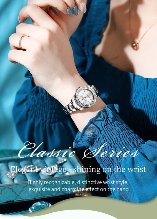 OLEVS Original Diamond Dial Quartz Watch for Women Fashion Elegant Ladies Watches Stainless Steel Waterproof Women's Wristwatch