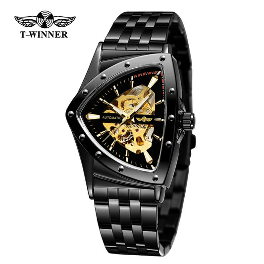 Winner 395S New Male Wrist Mechanical Watches Golden Stainless Steel Waterproof Sport Mens Triangle Skeleton Watch Transparent