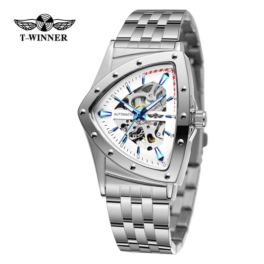 Winner 395S New Male Wrist Mechanical Watches Golden Stainless Steel Waterproof Sport Mens Triangle Skeleton Watch Transparent