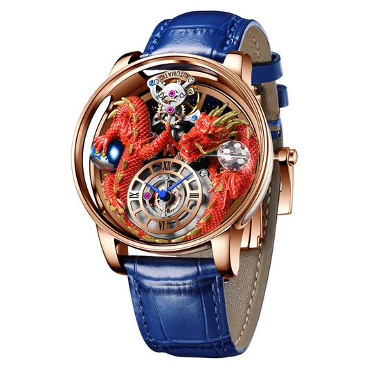 PINDU Design New 3D Dragon Earth Theme Quartz Watches Men Celestial Series Curved Mirror Transparent Design Watch Wristwatches