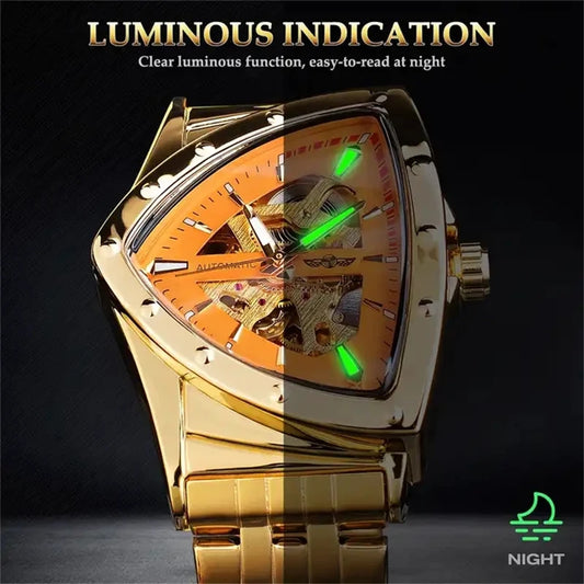 Winner 395S New Male Wrist Mechanical Watches Golden Stainless Steel Waterproof Sport Mens Triangle Skeleton Watch Transparent