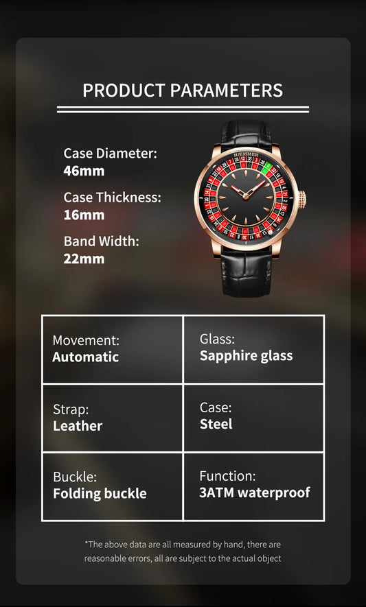 HAEMMER High end Design New Mechanical Watch NH35 Rotating Dial Las Vegas Roulette Desktop Theme Men's Diamond Luminous Watch