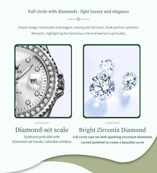 OLEVS Original Diamond Dial Quartz Watch for Women Fashion Elegant Ladies Watches Stainless Steel Waterproof Women's Wristwatch
