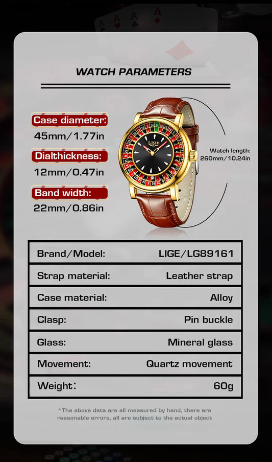 LIGE Quartz Man Watch Fashion Luxury Creative Roulette Game Dial Design Leather Casual Life Waterproof Watches for Men Gifts+Box