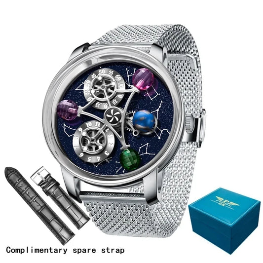 PINDU Watches New Mechanical Celestial Body Starry Twelve Constellations Sapphire Waterproof Men  Leather Wristwatches 8215A Box