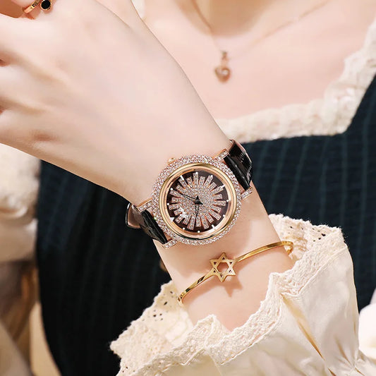 UTHAI Watch For Women Light Luxury Diamond Set 360 ° Running Clock Waterproof Genuine Leather Female's Fashion Quartz Watches