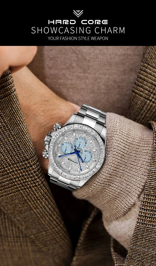 2024 HAEMMER New Men's Watch Luxury Automatic Watch Men's Stainless Steel Multi functional Mechanical Watch Diamond Waterproof