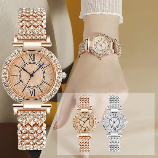 UTHAI H11 Women's Fashion Quartz Watch Full Diamond Steel Band Water Diamond Full Sky Star Roman Pattern Bracelet Watches Girl