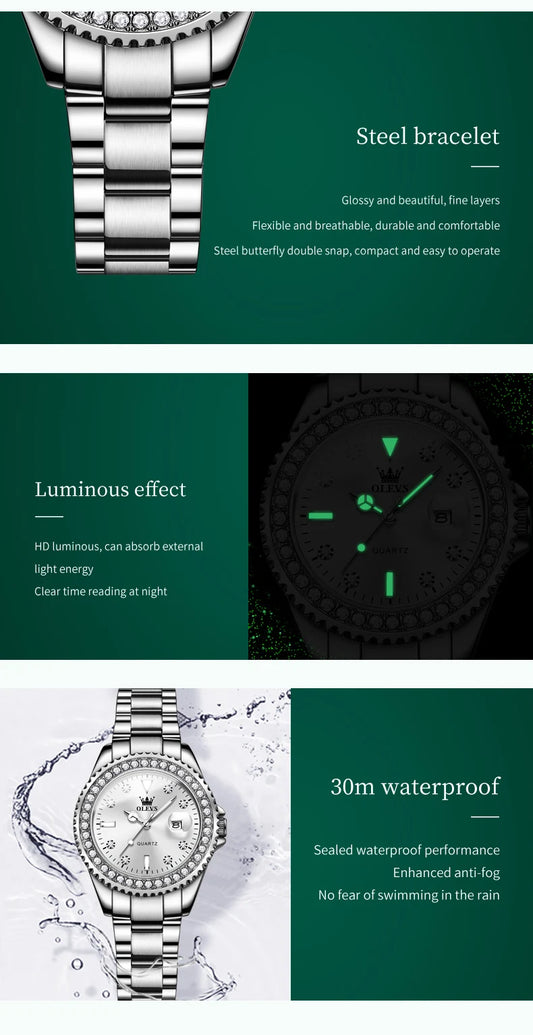 OLEVS Original Diamond Dial Quartz Watch for Women Fashion Elegant Ladies Watches Stainless Steel Waterproof Women's Wristwatch