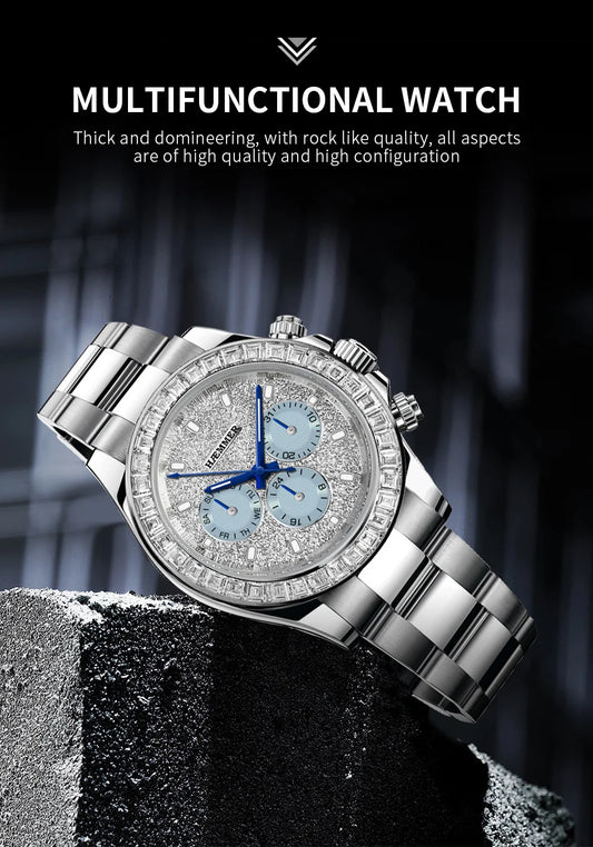 2024 HAEMMER New Men's Watch Luxury Automatic Watch Men's Stainless Steel Multi functional Mechanical Watch Diamond Waterproof