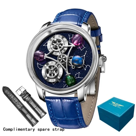 PINDU Watches New Mechanical Celestial Body Starry Twelve Constellations Sapphire Waterproof Men  Leather Wristwatches 8215A Box