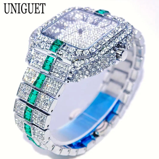 Hot Fashion Full Diamond Watch Men UNIGUET Brand Hip Hop Iced Out Bling Jewelry Square Quartz Wristwatch For Man Dropshipping