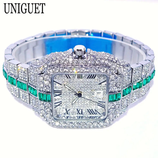 Hot Fashion Full Diamond Watch Men UNIGUET Brand Hip Hop Iced Out Bling Jewelry Square Quartz Wristwatch For Man Dropshipping