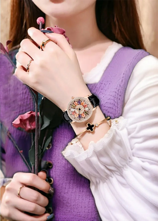 UTHAI Women's Fashion Quartz Watch 360 ° Time Comes and Turns Diamond Inlaid Dial Waterproof Female Creative Clock Wristwatches