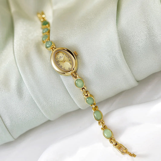 2025 Women quartz Watch Luxury Brand Retro Natural Dongling Stone Hotan Jade Waterproof Ladies Advanced Chain Wristwatches gift