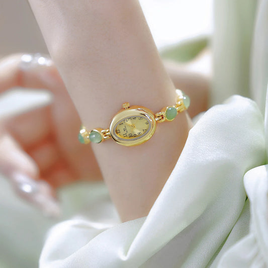 2025 Women quartz Watch Luxury Brand Retro Natural Dongling Stone Hotan Jade Waterproof Ladies Advanced Chain Wristwatches gift