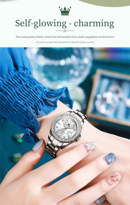 OLEVS Original Diamond Dial Quartz Watch for Women Fashion Elegant Ladies Watches Stainless Steel Waterproof Women's Wristwatch