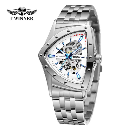 Winner 395S New Male Wrist Mechanical Watches Golden Stainless Steel Waterproof Sport Mens Triangle Skeleton Watch Transparent