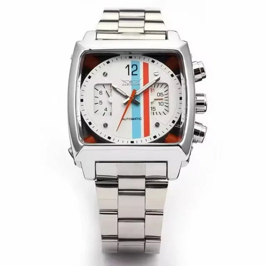 JARAGAR 569 Men's Mechanical Watch Fashion Design Square Dial Date Week Waterproof Steel Strap Leisure Wristwatch