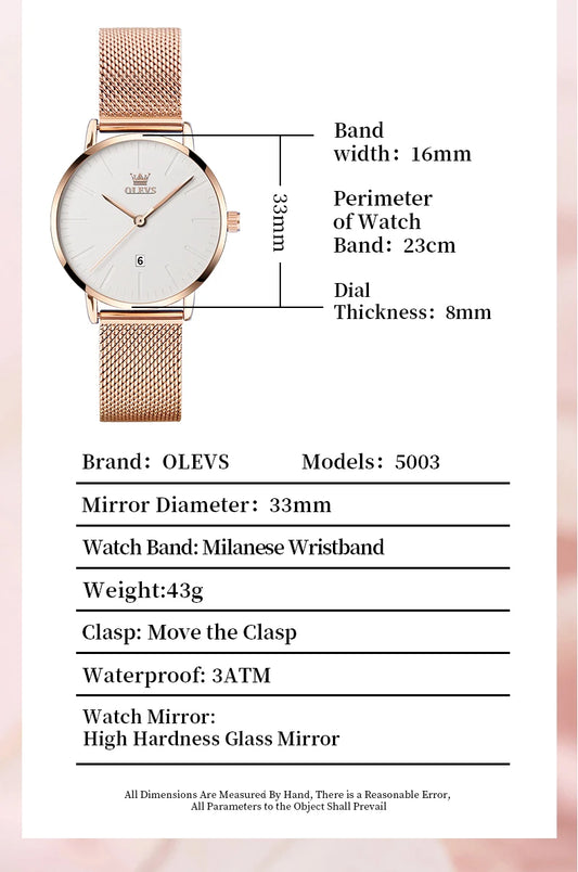 OLEVS Luxury Fashion Watch for Women Rose Gold Waterproof Quartz Ladies Wristwatch Original Simple Women's Watches Montre Femme